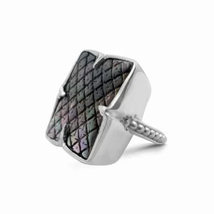 Stephen Dweck Carventurous 23*23 Clover Black Mop Carving Double Side Ring in Sterling Silver< Rings