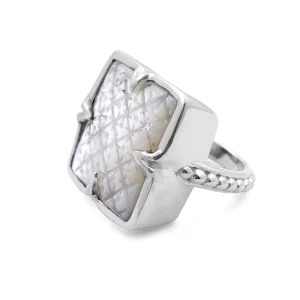 Stephen Dweck Carventurous 23*23 Clover White Mop Carving Double Side Ring in Sterling Silver< Rings