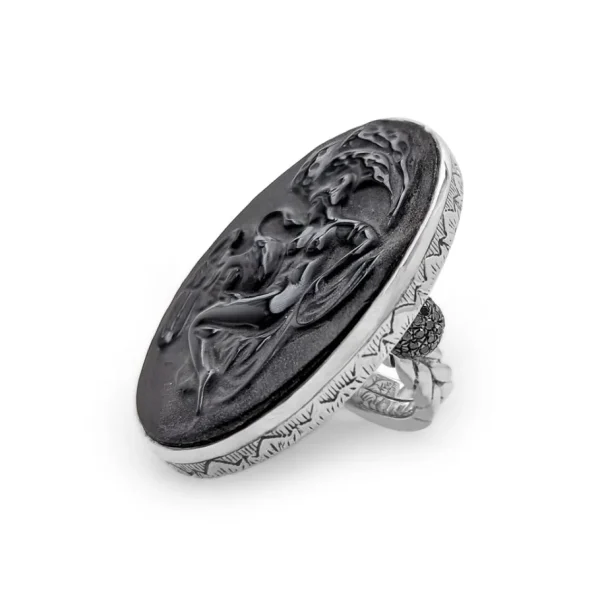 Stephen Dweck Carventurous Black Agate Hand Carved Lida and The Swan Ring with 1.40ct Black Diamonds in Sterling Silver< Rings