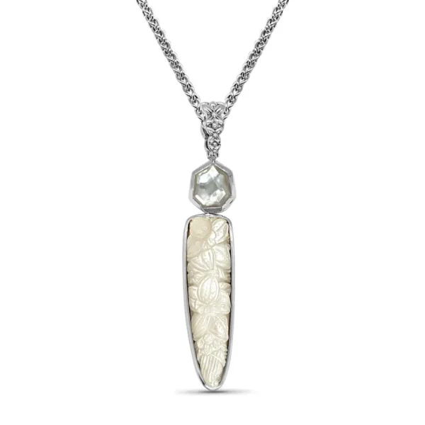 Stephen Dweck Carventurous 53.70ct Hand Carved Mother of Pearl and Faceted Natural Quartz Pendant in Sterling Silver< Necklace