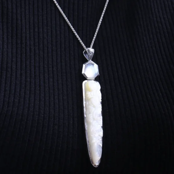 Stephen Dweck Carventurous 53.70ct Hand Carved Mother of Pearl and Faceted Natural Quartz Pendant in Sterling Silver< Necklace