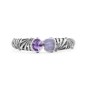 Stephen Dweck Carventurous Faceted Amethyst Hand Carved Natural Quartz Mother of Pearl and Amethyst Open and Close Bangle in Sterling Silver< Bracelets