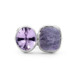 Stephen Dweck Carventurous Faceted Amethyst Hand Carved Natural Quartz Mother of Pearl and Amethyst Open and Close Sunray Ring in Sterling Silver< Rings