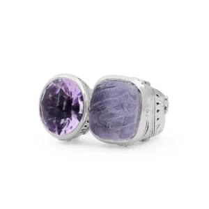 Stephen Dweck Carventurous Faceted Amethyst Hand Carved Natural Quartz Mother of Pearl and Amethyst Open and Close Sunray Ring in Sterling Silver< Rings