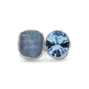 Stephen Dweck Carventurous Faceted Blue Topaz Natural Quartz Mother of Pearl and Green Agate Open and Close Sunray Ring in Sterling Silver< Rings