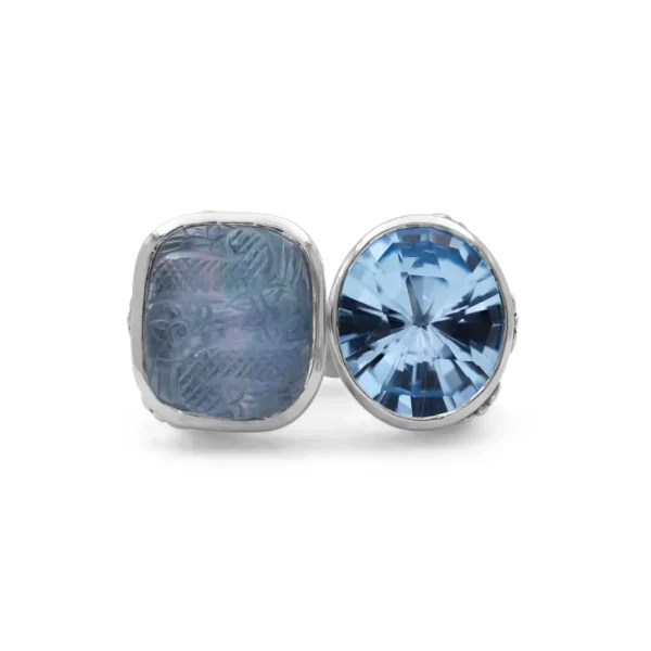 Stephen Dweck Carventurous Faceted Blue Topaz Natural Quartz Mother of Pearl and Green Agate Open and Close Sunray Ring in Sterling Silver< Rings