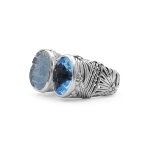 Stephen Dweck Carventurous Faceted Blue Topaz Natural Quartz Mother of Pearl and Green Agate Open and Close Sunray Ring in Sterling Silver< Rings