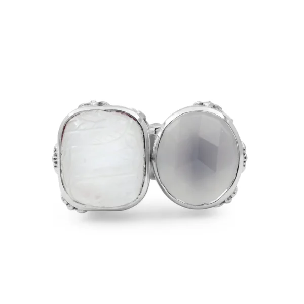 Stephen Dweck Carventurous Faceted Moon Quartz Hand Carved Natural Quartz and Mother of Pearl Open and Close Sunray Ring in Sterling Silver< Rings