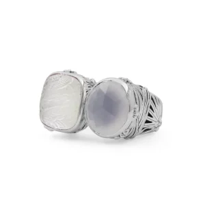 Stephen Dweck Carventurous Faceted Moon Quartz Hand Carved Natural Quartz and Mother of Pearl Open and Close Sunray Ring in Sterling Silver< Rings