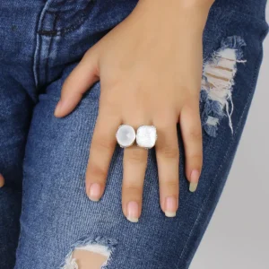 Stephen Dweck Carventurous Faceted Moon Quartz Hand Carved Natural Quartz and Mother of Pearl Open and Close Sunray Ring in Sterling Silver< Rings