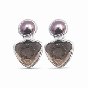 Stephen Dweck Carventurous Golden Pearl and Hand Carved Smoky Quartz Clip Earrings in Sterling Silver< Earrings