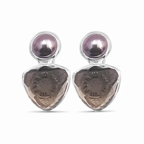 Stephen Dweck Carventurous Golden Pearl and Hand Carved Smoky Quartz Clip Earrings in Sterling Silver< Earrings