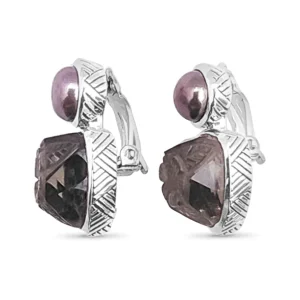 Stephen Dweck Carventurous Golden Pearl and Hand Carved Smoky Quartz Clip Earrings in Sterling Silver< Earrings