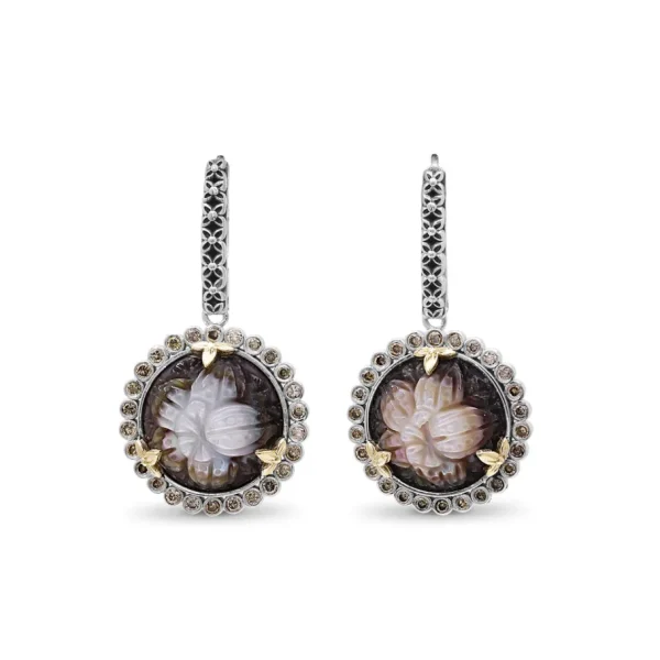 Stephen Dweck Carventurous Hand Carved Multi-Hued Mother of Pearl Earrings in Sterling Silver with Champagne Diamonds and 18K Gold Flowers< Earrings