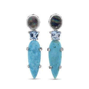 Stephen Dweck Carventurous Hand Carved Natural Quartz Abalone Faceted Blue Topaz and Faceted Turquoise Earrings in Sterling Silver< Earrings