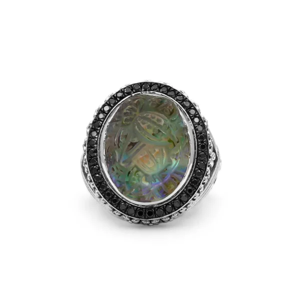 Stephen Dweck Carventurous Hand Carved Natural Quartz Abalone and Black Diamond 0.50ct Ring in Sterling Silver< Rings