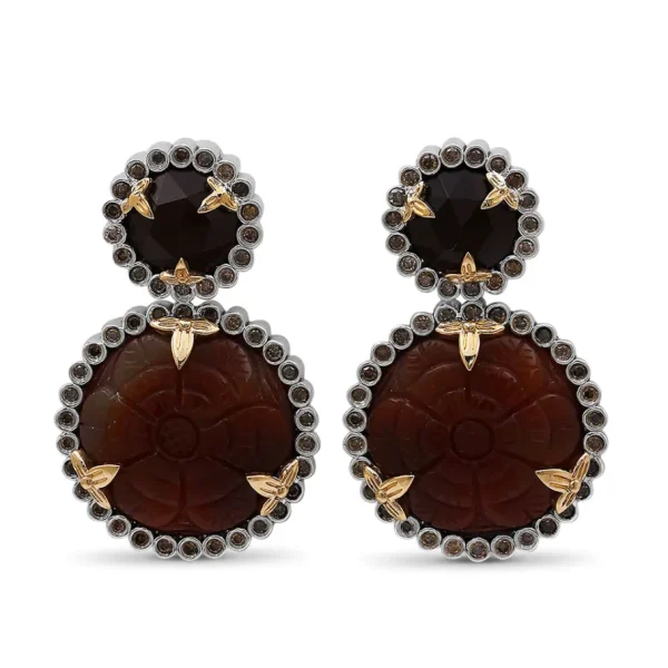 Stephen Dweck Carventurous Hand Carved and Faceted Carnelian and Champagne Diamond 1.15ct Earrings in Sterling Silver with 18K Gold Flowers< Earrings