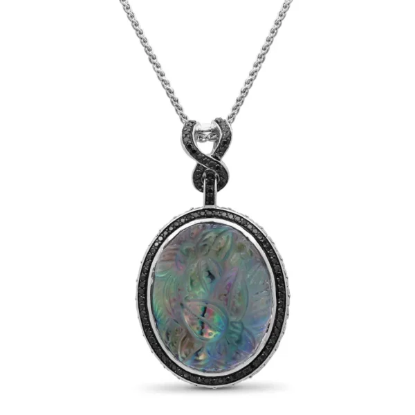 Stephen Dweck Carventurous Hand Carved Natural Quartz Abalone and Black Diamond 1.12ct Pendant in Sterling Silver< Necklace