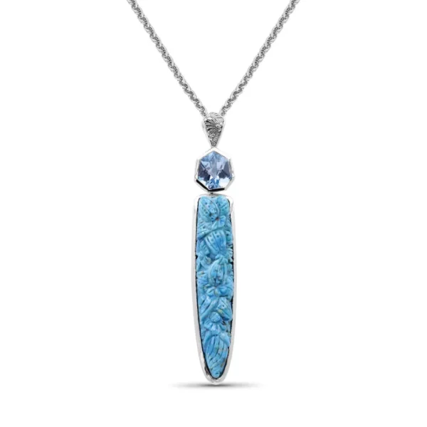 Stephen Dweck Carventurous Hand Carved Turquoise and Faceted Galactical Blue Topaz Pendant in Sterling Silver< Necklace