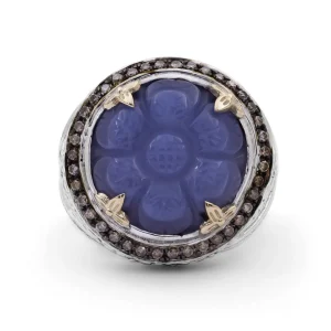 Stephen Dweck Carventurous Hand Carved Chalcedony Ring in Sterling Silver with Champagne Diamonds and 18K Gold Flowers< Rings