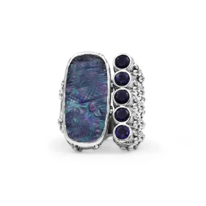 Stephen Dweck Carventurous Hand Carved Natural Quartz Mother of Pearl Agate and Iolite Open and Close Ring in Sterling Silver< Rings