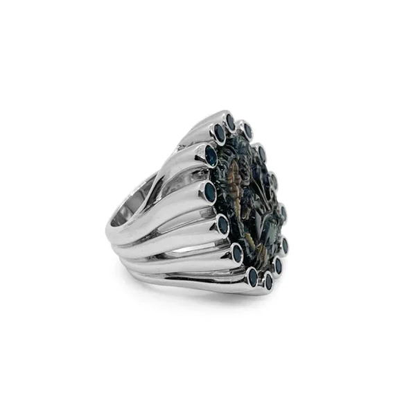 Stephen Dweck Carventurous Hand Carved Tahitian Mother of Pearl and London Blue Topaz Ring in Sterling Silver< Rings