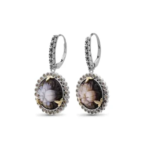 Stephen Dweck Carventurous Hand Carved Multi-Hued Mother of Pearl Earrings in Sterling Silver with Champagne Diamonds and 18K Gold Flowers< Earrings