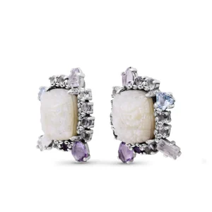 Stephen Dweck Carventurous Hand Carved Mother of Pearl Lavender Moon Quartz Amethyst Blue and White Topaz Earrings in Sterling Silver< Earrings