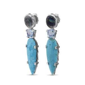 Stephen Dweck Carventurous Hand Carved Natural Quartz Abalone Faceted Blue Topaz and Faceted Turquoise Earrings in Sterling Silver< Earrings