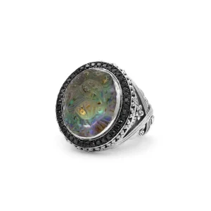 Stephen Dweck Carventurous Hand Carved Natural Quartz Abalone and Black Diamond 0.50ct Ring in Sterling Silver< Rings