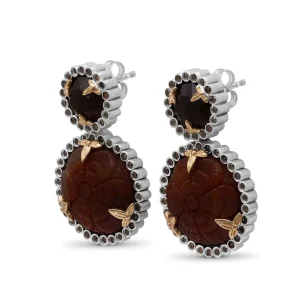 Stephen Dweck Carventurous Hand Carved and Faceted Carnelian and Champagne Diamond 1.15ct Earrings in Sterling Silver with 18K Gold Flowers< Earrings