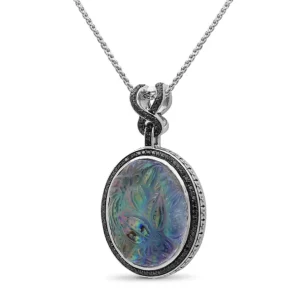 Stephen Dweck Carventurous Hand Carved Natural Quartz Abalone and Black Diamond 1.12ct Pendant in Sterling Silver< Necklace