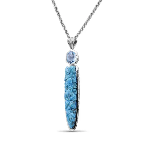 Stephen Dweck Carventurous Hand Carved Turquoise and Faceted Galactical Blue Topaz Pendant in Sterling Silver< Necklace