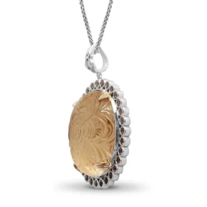 Stephen Dweck Carventurous Hand Carved Natural Quartz Gold Lining and Morganite Pendant in Sterling Silver with 18K Gold Flowers< Necklace