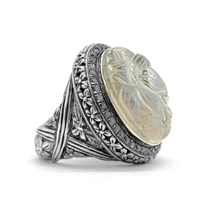 Stephen Dweck Carventurous Hand Carved Natural Quartz and Abalone Ring with 0.55ct Champagne Diamonds in Sterling Silver< Rings