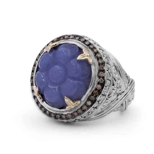 Stephen Dweck Carventurous Hand Carved Chalcedony Ring in Sterling Silver with Champagne Diamonds and 18K Gold Flowers< Rings