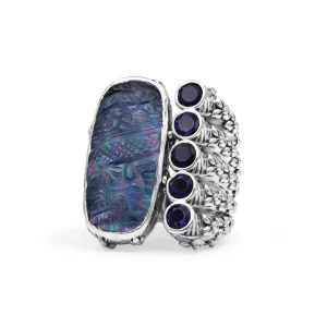 Stephen Dweck Carventurous Hand Carved Natural Quartz Mother of Pearl Agate and Iolite Open and Close Ring in Sterling Silver< Rings