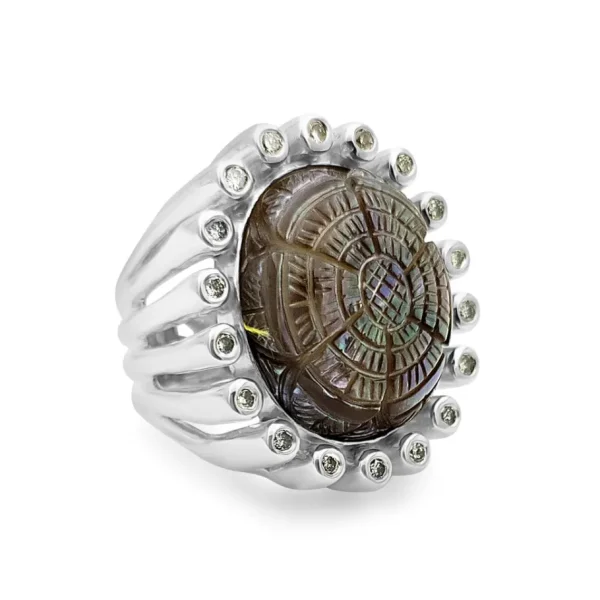 Stephen Dweck Carventurous Hand Carved Mother of Pearl and Champagne Diamond Ring in Sterling Silver< Rings