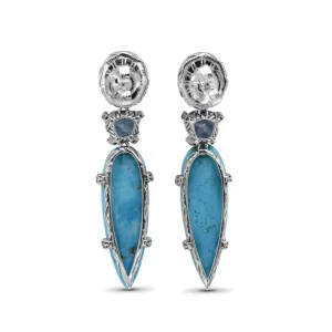 Stephen Dweck Carventurous Hand Carved Natural Quartz Abalone Faceted Blue Topaz and Faceted Turquoise Earrings in Sterling Silver< Earrings