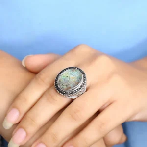 Stephen Dweck Carventurous Hand Carved Natural Quartz Abalone and Black Diamond 0.50ct Ring in Sterling Silver< Rings