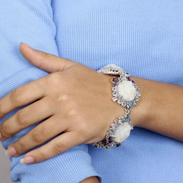 Stephen Dweck Carventurous Hand Carved Mother of Pearl Lavender Moon Quartz Amethyst Iolite Blue and White Topaz Bracelet in Sterling Silver< Bracelets