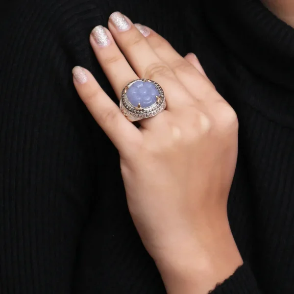 Stephen Dweck Carventurous Hand Carved Chalcedony Ring in Sterling Silver with Champagne Diamonds and 18K Gold Flowers< Rings