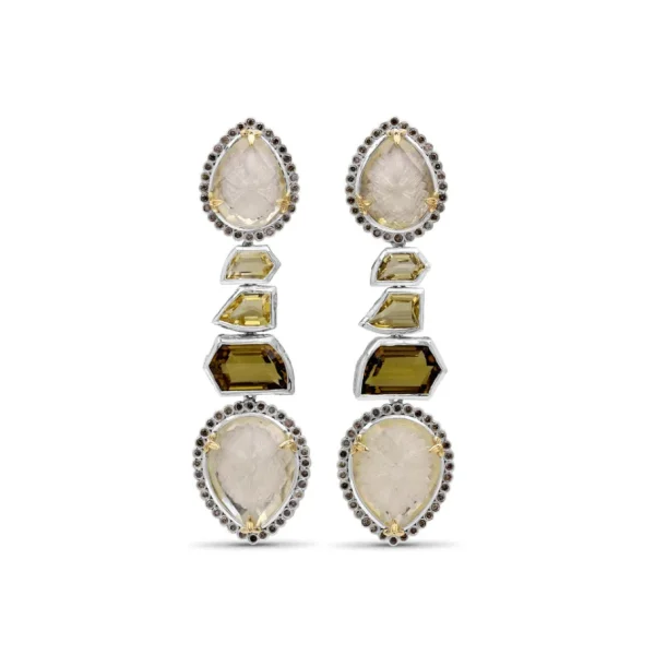 Stephen Dweck Carventurous Internally Carved Natural Quartz Gold Lining and Citrine Earring in Sterling Silver with Champagne Diamonds and 18K Gold Flowers< Earrings