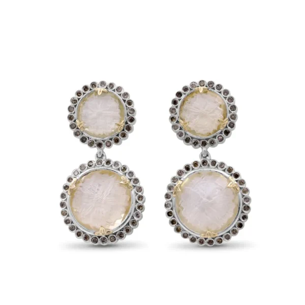 Stephen Dweck Carventurous Internally Carved Natural Quartz Gold Lining with Champagne Diamonds Earrings in Sterling Silver with 18K Gold Flowers< Earrings