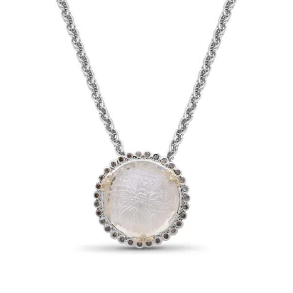 Stephen Dweck Carventurous Internally Carved Natural Quartz Gold Lining Pendant in Sterling Silver with Champagne Diamonds and 18K Gold Flowers< Necklace