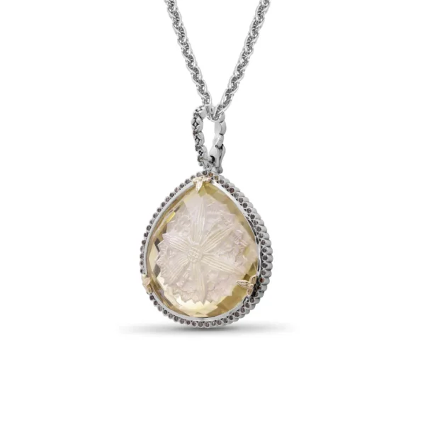 Stephen Dweck Carventurous Internally Carved Natural Quartz Gold Lining with Champagne Diamonds Necklace in Sterling Silver with 18K Gold Flowers< Necklace