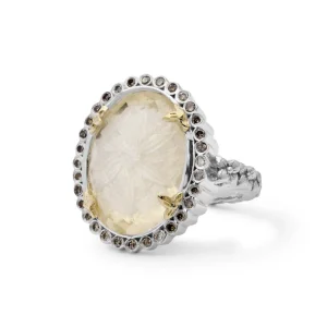 Stephen Dweck Carventurous Internally Carved Natural Quartz Gold Lining with Champagne Diamonds Ring in Sterling Silver with 18K Gold Flowers< Rings