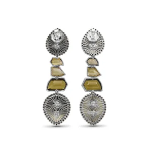 Stephen Dweck Carventurous Internally Carved Natural Quartz Gold Lining and Citrine Earring in Sterling Silver with Champagne Diamonds and 18K Gold Flowers< Earrings