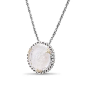 Stephen Dweck Carventurous Internally Carved Natural Quartz Gold Lining Pendant in Sterling Silver with Champagne Diamonds and 18K Gold Flowers< Necklace