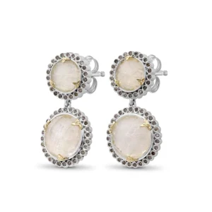 Stephen Dweck Carventurous Internally Carved Natural Quartz Gold Lining with Champagne Diamonds Earrings in Sterling Silver with 18K Gold Flowers< Earrings